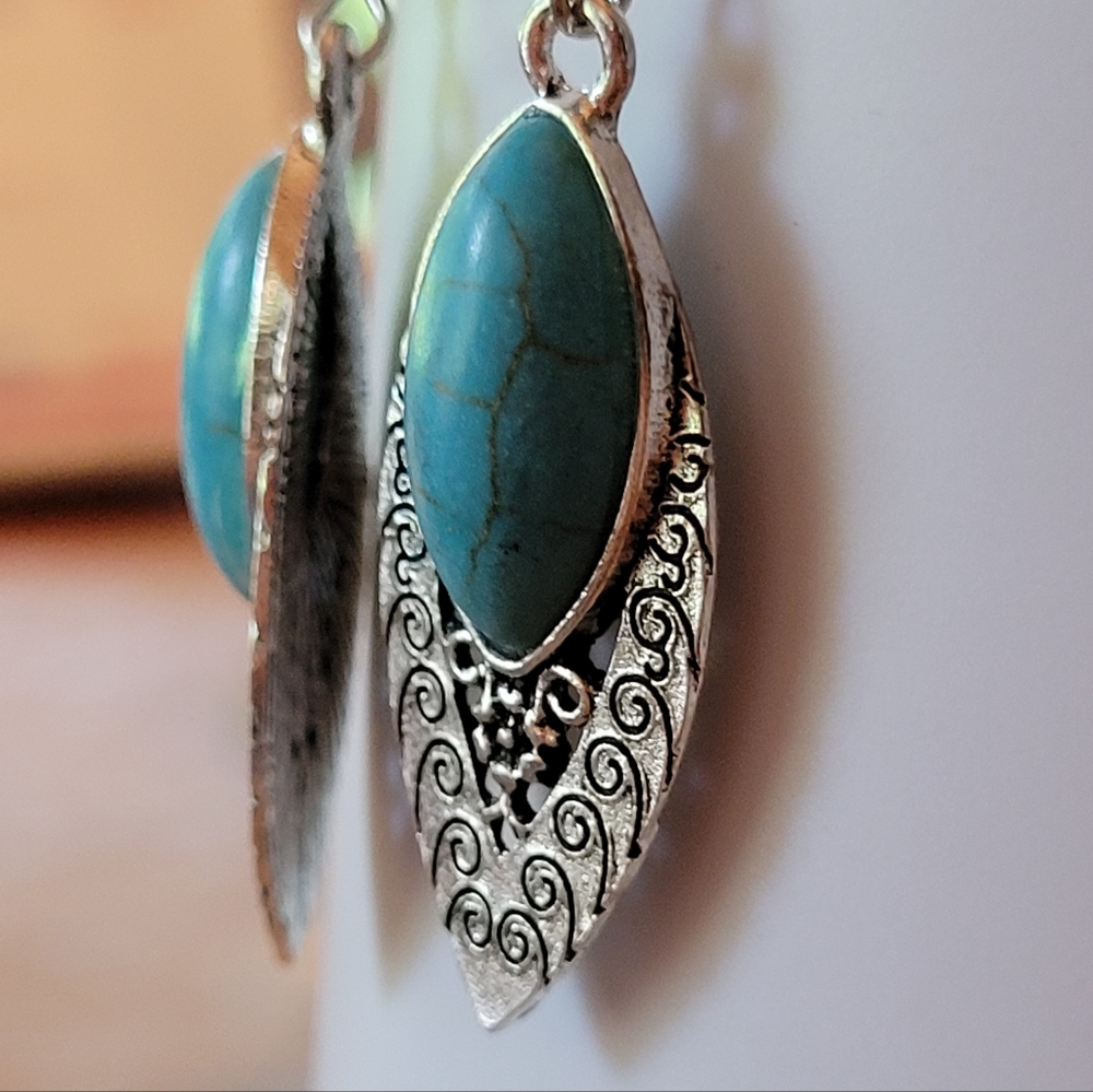 Etched Marquis Turquoise Howlite Dangle Earrings - Picture 2 of 4